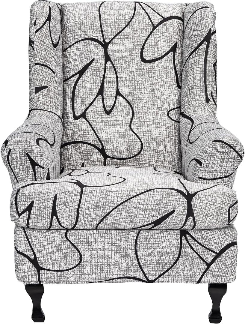 CRFATOP 2 Piece Stretch Wingback Chair Cover Printed Wing Chair Slipcovers Spandex Fabric Wingback Armchair Covers with Elastic Bottom for Living Room Bedroom Wingback Chair,C30