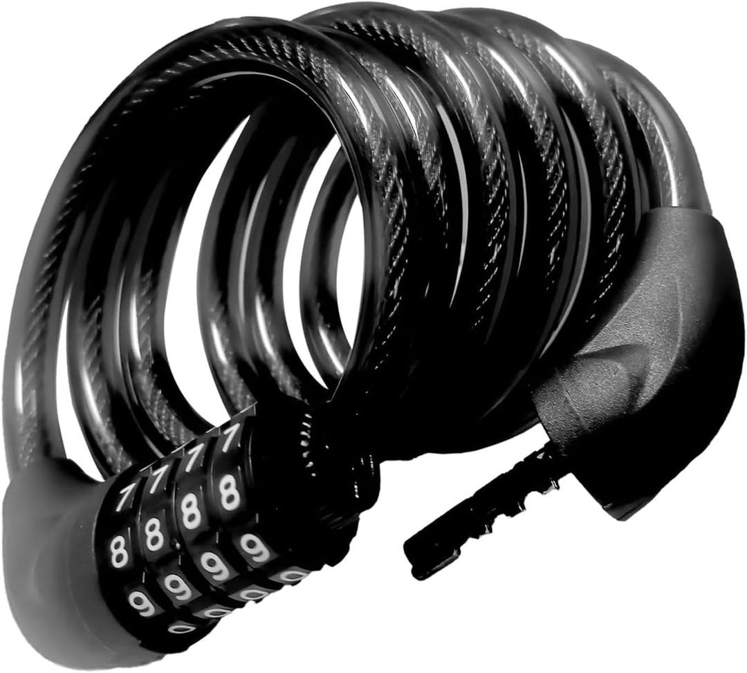 Bike Cable Lock 6FT Long, 4 Digit Resettable Combination Lock, Heavy Duty Steel Cable with Waterproof Vinyl Coating Anti Theft Security Lock for Road Bike E-Bike Scooter Fence Gate Toolbox