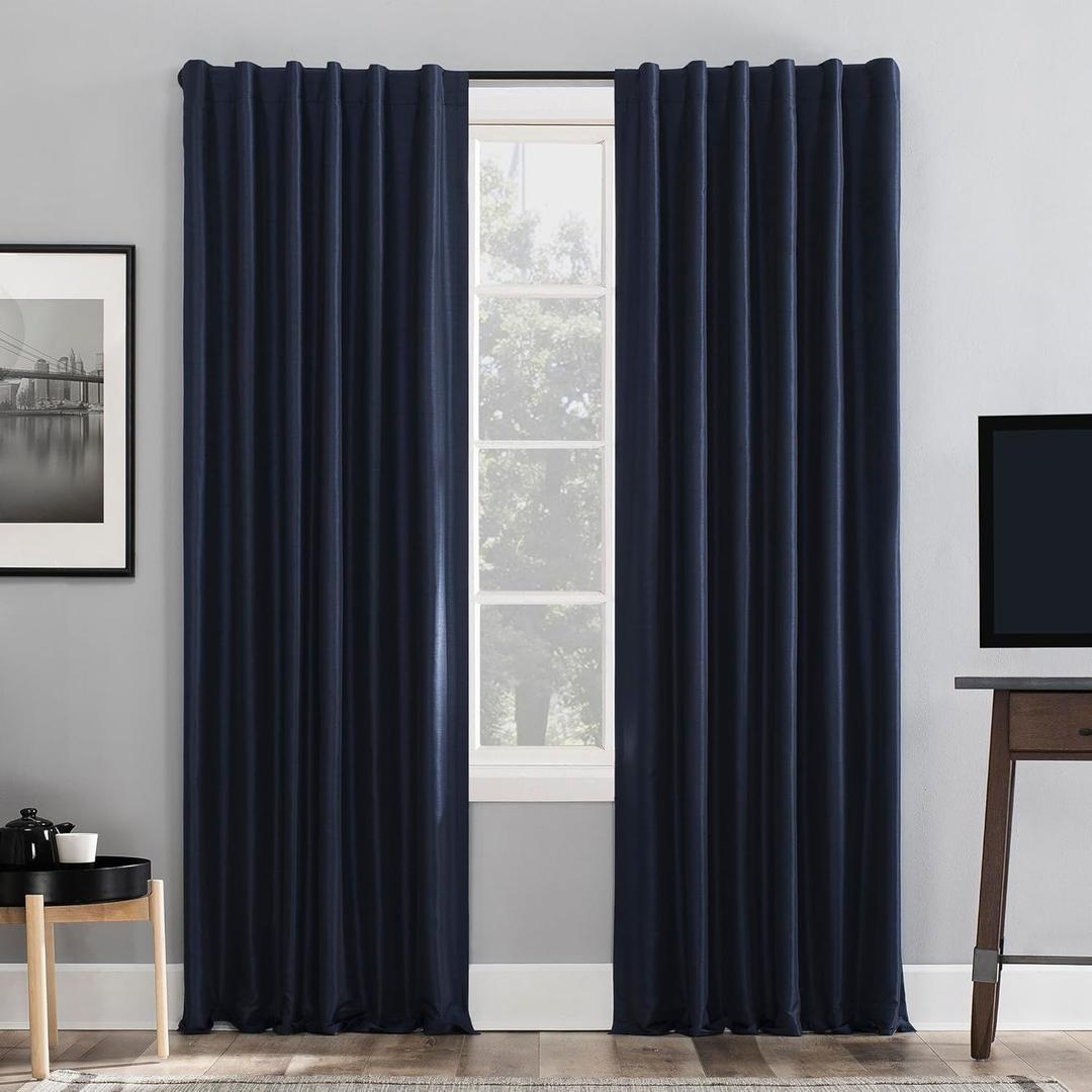 Sun Zero Greyson Faux Dupioni Silk Thermal Extreme Total Blackout Back Tab Curtain Panel, 50" x 95", Navy Blue