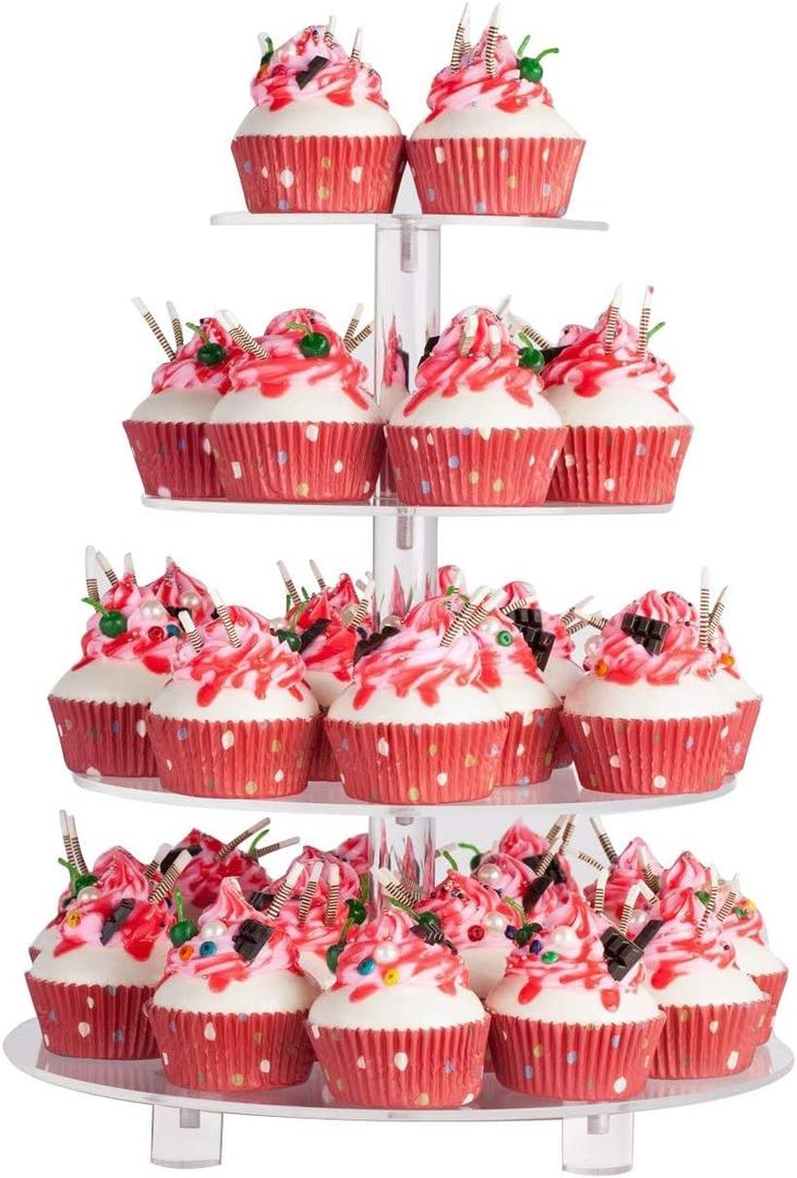YestBuy 4 Tier Round Acrylic Cupcake Stand with Base, Premium Cupcake Holder, Acrylic Cupcake Tower Display Cady Bar Party Dcor  Display for Pastry (4" Between 2 Layers with Base)