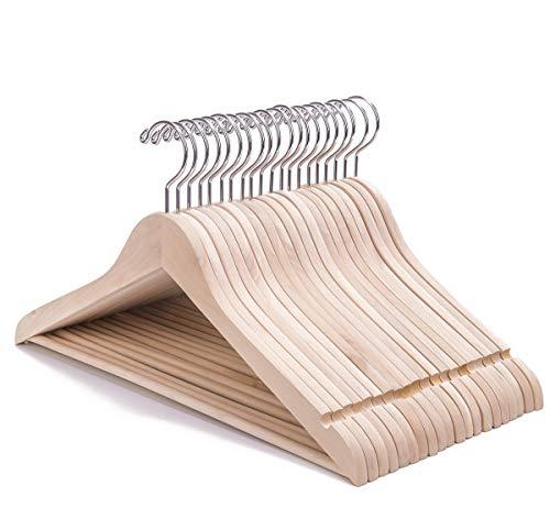 Nature Smile 20 Pack Unfinished Natural Solid Wooden Clothes Hangers Wood Suit Coat Jacket Hanger with Extra Smoothly Cut Notches and Bar - 360°Stronger Rotatable Hook