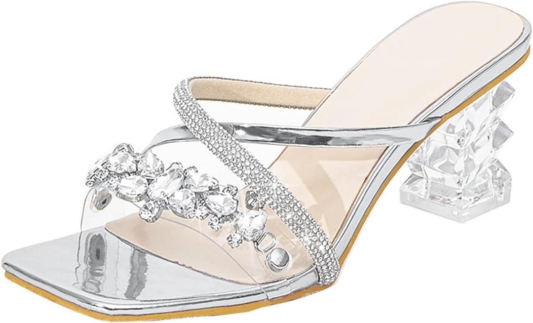 Fantoesay Women's Clear Crystal Rhinestones Strap Slip On Sandals (6)