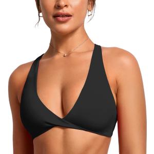 VANTONIA Womens Butterluxe Twist Front Sports Bra Deep V-Neck Crop Top Strappy Cross Back Bra with Nipple Covers-Vivi Bra (Small, Black)