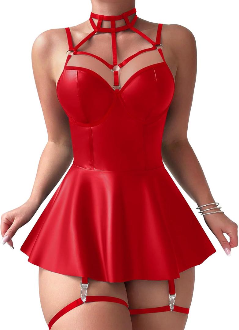 Sexy Strappy Leather Underwire Choker Garter Belt Mini Lingerie Set Dress with Thong 3 Piece (XX-Large, Red)