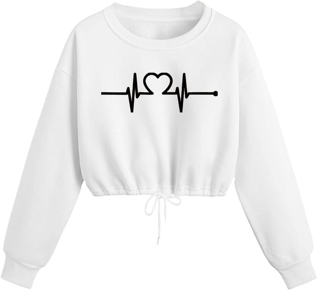 Floerns Women's Heart Graphic Sweatshirt Crew Neck Long Sleeve Drawstring Crop Casual Pullovers (White, S)