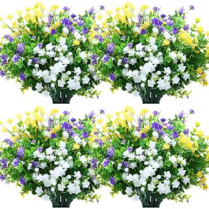 WILLBOND 36 Bundles Artificial Flowers Outdoor, UV Resistant Faux Artificial Plants Shrubs Flower Bulk for Hanging Planter Porch Window Home Wedding Spring Summer Decor (Yellow,Purple,White)
