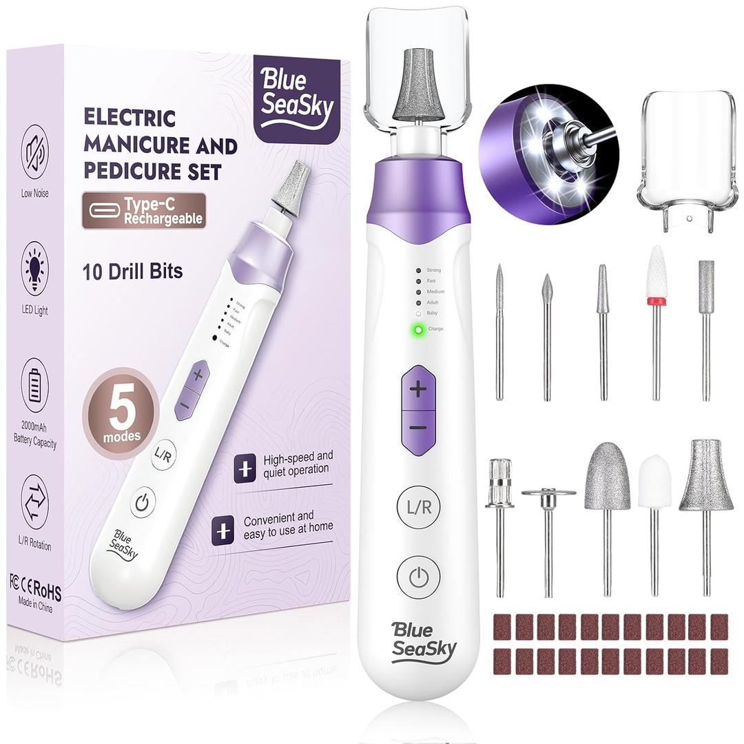 Professional Electric Nail Drill 2000mAH Portable Cordless Electric Nail File 10 in 1 Manicure Pedicure Kit ,5-Speeds Toe Nail Tools Hand Foot Care,Thick Toenail Grinder for Women Men Pets (Purple)