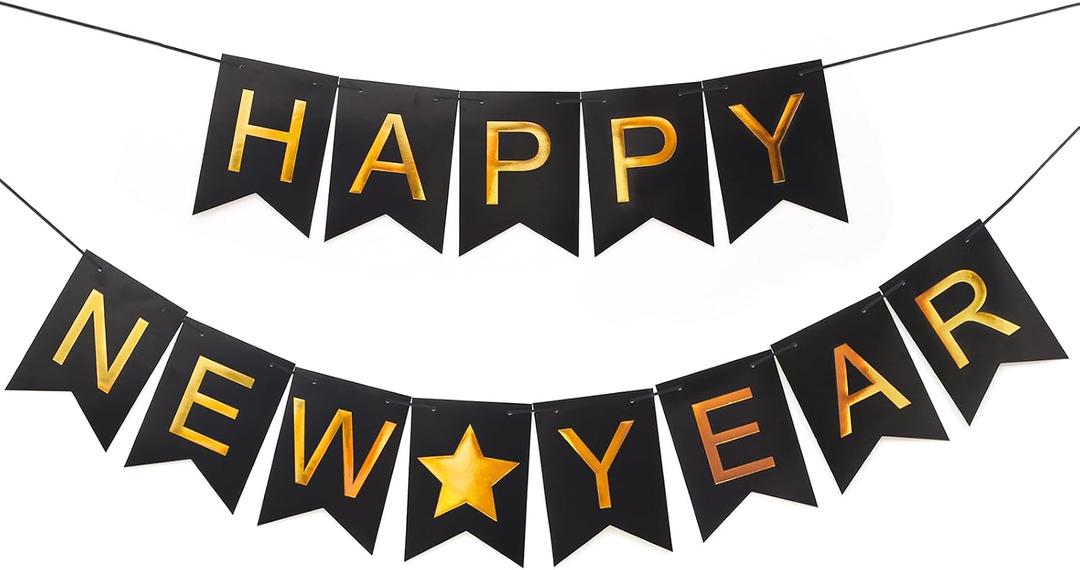 Happy New Years Decorations Banner 2026, Black Gold Nye New Years Eve Party Supplies for NYE Decorations Photo Props for Home Wall Fireplace Mantel Fireplace