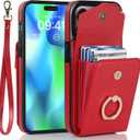 LBYZCASE Wallet Case Compatible with iPhone 14 Pro Max,360Rotation Finger Ring Holder Kickstand Wristlet Card Holder Protective Shockproof Leather Case Cover for Apple iPhone 14 Pro Max (Red)
