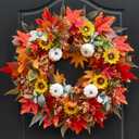 Fall Wreaths for Front Door Outside 24 Inch Autumn Wreath with Red Maple Leaves, White Pumpkins,Yellow Wildflowers, Pinecones&BerriesThanksgiving Farmhouse Door Decor for Indoor Outdoor Use