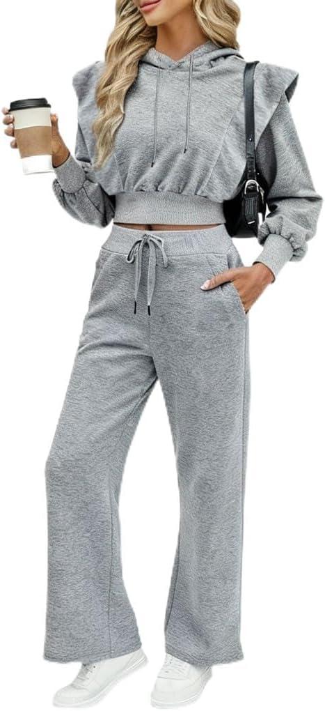 CHICME Womens 2 Piece Outfits Cropped Long Sleeve Hoodie and Wide Leg Sweatpants Set Fall Fashion Sweatsuit Tracksuit (Small)