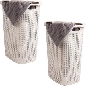 Mind Reader Slim Laundry Hamper with Lid, 60L Tall Clothes Basket, Narrow Tapered Design for Bathrooms, Closets and Laundry Rooms, Plastic, 2 Pack, Ivory (17.65"L x 13.75"W x 24.15"H)