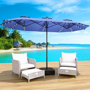 LEVELEVE 14FT Large Patio Patio Umbrella with Base & Solar LED Lights - Double-Sided,Blue