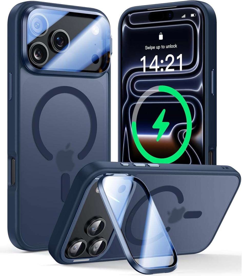[Upgraded Full Camera Protection] for iPhone 17 Pro Case with Camera Cover Stand [Fit for MagSafe][10FT Mil-Grade Protection] Translucent Magnetic iPhone 17 Pro Phone Case, Blue