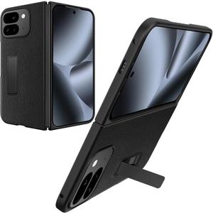 Military-Grade Shockproof Case with Stand for Google Pixel 10 Pro Fold, Slim Leather Cover with Hidden Kickstand, No Hinge Protection - Black