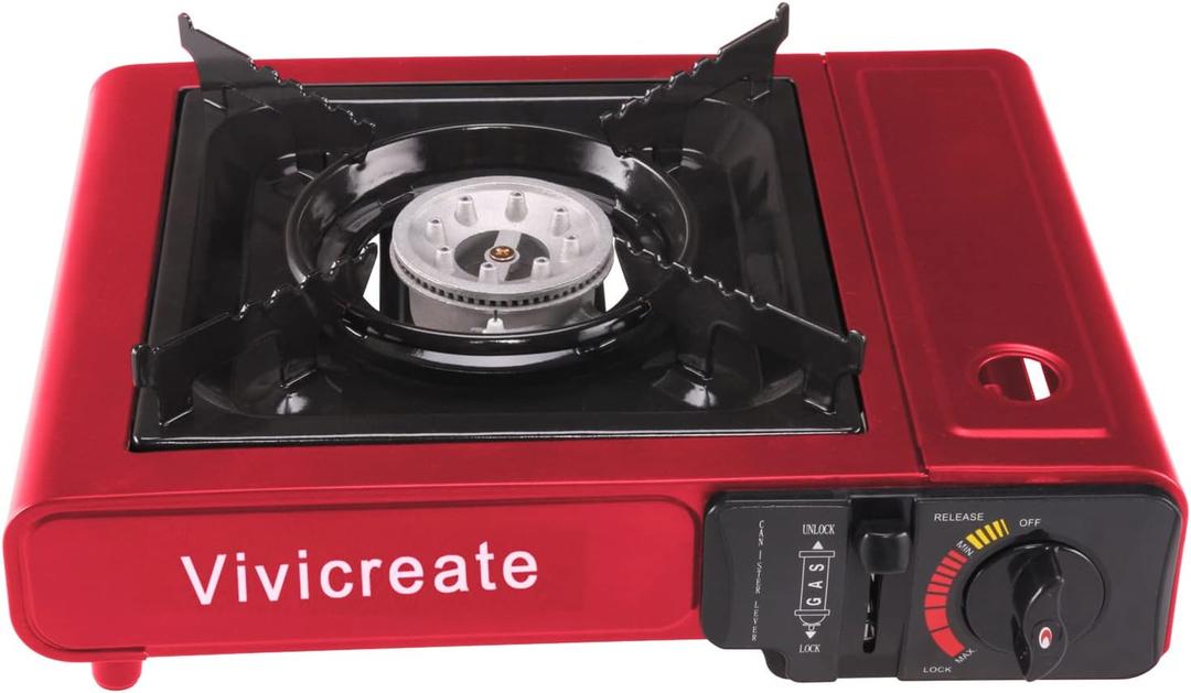 Vivicreate 8500 BTU Portable Butane Gas Stove for Camping Cooking Outdoor, Lightweight Portable Stove Burner with Auto Ignition, Estufa de Gas Porttil para Camping al Aire Libre (Red)