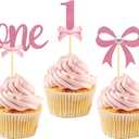 24Pcs Pink Bow 1st Birthday Cupcake Toppers, Pink Bow Theme Cupcake Topper for First Birthday Decorations Girl Baby Shower Cake Decorations (1st)