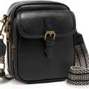 Small Messenger Bag Vegan Leather Crossbody Bag for Women Men, Vintage Cross Body Shoulder Purse with Card Slots (Wide Strap-black)