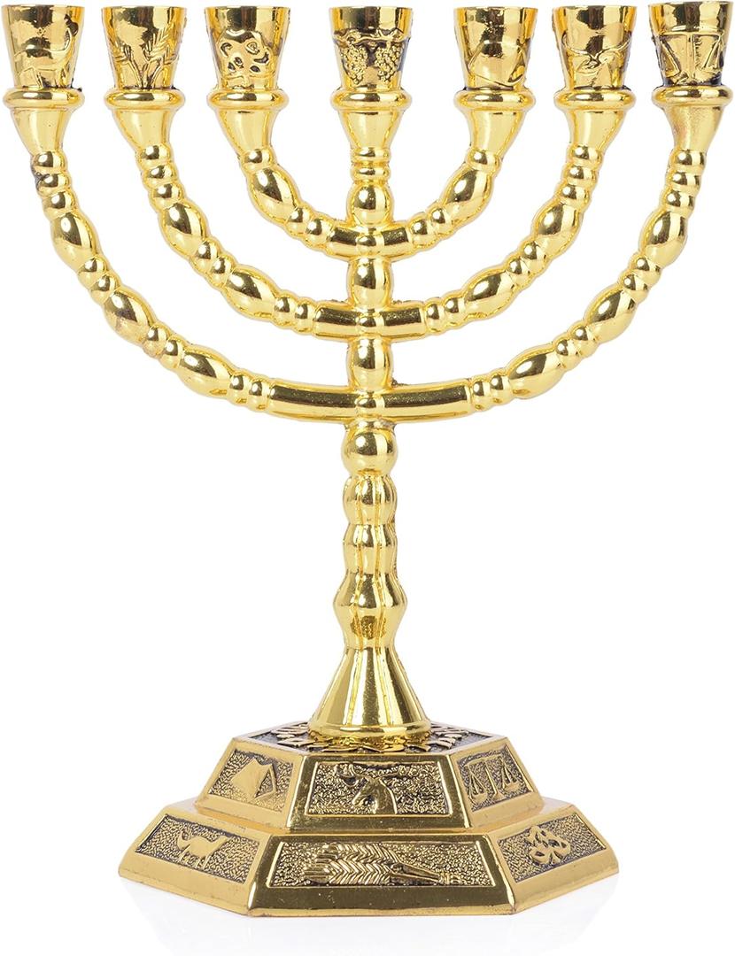 BRTAGG 12 Tribes of Israel Menorah, Jerusalem Temple 7 Branch Jewish Candle Holder (8 Inches, Gold)