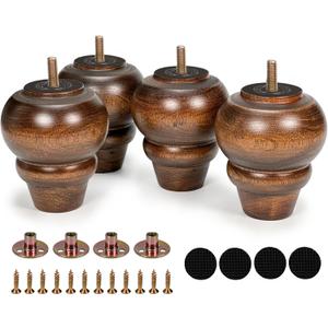 4 Inch Wooden Furniture Legs Set of 4 Sofa Replacement Brown Round Solid Wood Furniture Feet for Armchair Couch Cabinet Dresser Ottoman TV Stand Bed Legs with Mounting Plates Screws