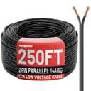 Electrical Wire 2 Conductors Black Cable Hookup LED Lighting Strips Flexible Wire Outdoor Extension Cord 14 Gauge Copper Clad Aluminum Wire Low Voltage Cable(14AWG 250FT)