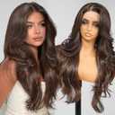KOME Brown Synthetic Lace Front Wig,13x4 HD Lace Layered Wave Glueless Wigs for Women Daily Use 26IN