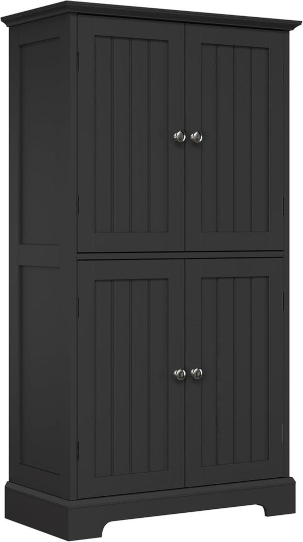 ChooChoo Bathroom Floor Cabinet, Modern Bathroom Storage Cabinet with 4 Doors and Adjustable Shelves, Freestanding Cupboard for Living Room, Kitchen Pantry, Black