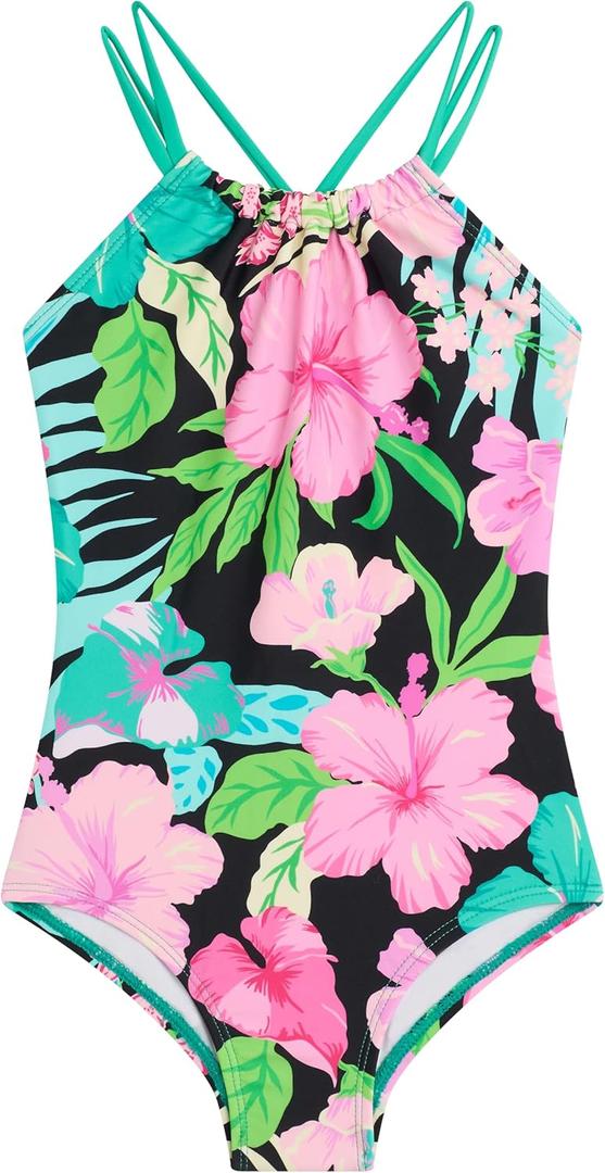 Kanu Surf Girls Jasmine Beach Sport Halter One Piece Swimsuit (2T, Darcy Black/Pink)