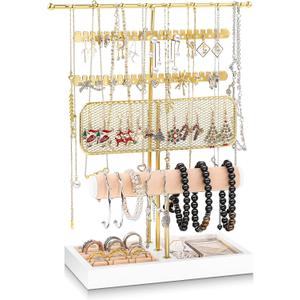 Dntorx 3 Tier Jewelry Stand Holder Organizer, Jewelry Holder Storage Display T Bar Beige Velvet Bracelet Holder Jewelry Tower for Necklace, Earrings, Bracelet, Rings, Watches