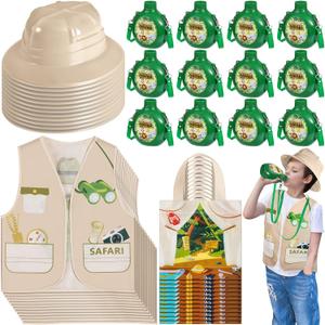 Xuhal 48 Pcs Kids Explorer Costume Set Kids Explorer Hats Jungle Party Vest Safari Tote Bag Canteens Water Bottles Stickers for Outdoor Activity Safari Costume Jungle Theme Party Supplies Favors Gifts
