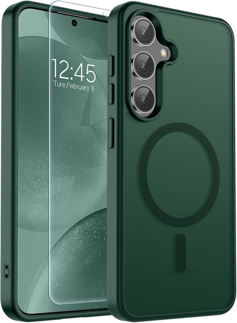 Supfine Magnetic for Samsung Galaxy S24 Case / S25 Case with Screen Protector, (Built-in Magnets) (Military Grade Drop Protection) Slim Translucent Shockproof Phone Case,Forest Green