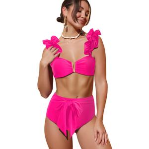 SPORLIKE Women High Waisted Swimsuit Flounce Straps Bikini Bathing Suit (Pink, L)