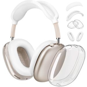 4 in 1 Case Covers for AirPods Max Headphones, Anti-Scratch Sweat-Proof Ear Pad Covers/Ear Cups Cover/Headband Cover Protectorfor Apple AirPods Max (2024 USB-C /2020 Lightning)- WhiteClear