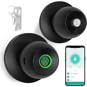 52HZ Fingerprint Door Knob with Lock, 3 in 1 Smart Finger Print Door Lock, Auto Lock, Tuya App Control & Key, Biometric Thumbprint Door Locks for Bedroom, Garage, Home & Office, Matte Black