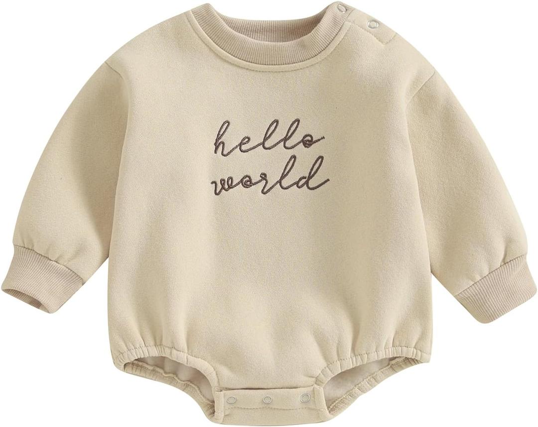 VISGOGO Newborn Infant Baby Boy Girls Oversized Romper Little Dude Sweater Onesie Coming Home Outfit Neutral Clothes (0-3 Months, Hello World-beige)