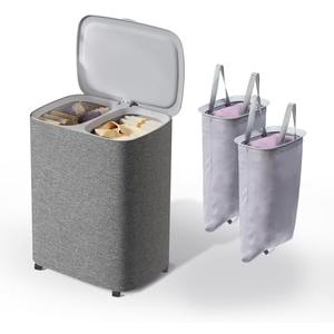 Laundry Baskets(GREY, 50L Laundry THEVryndlyx Laundry Hamper with Removable Bags: 2-Compartment Wheeled Basket for Parents & Housewives, Heavy-Duty Storage Organizer with Lid