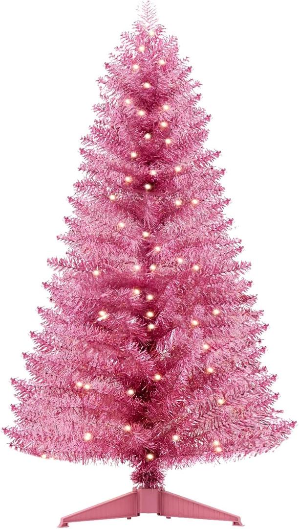 Santanelo 4FT Pink Artificial Christmas Tree with Light, Small Snowy Artificial Xmas Tree, Not Pre-lit mini Pink Tree with Lights for Indoor, Office Lobby & Winter Wedding Centerpiece