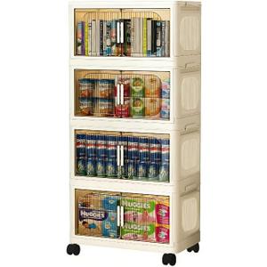 Foldable Storage Cabinet with Lid, Plastic Storage Box with Wheels, for Bedroom Desktop, Living Room, Kitchen Supplies Organization, Stackable Organizer, Medium Size 17.7×10.2×32.7 inch (4 Tiers)