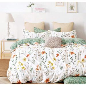 SLEEPBELLA Duvet Cover Queen, 600 Thread Count Cotton 3pcs Bedding Set Yellow Flowers and Green Branches Printed on White Reversible Comforter Cover