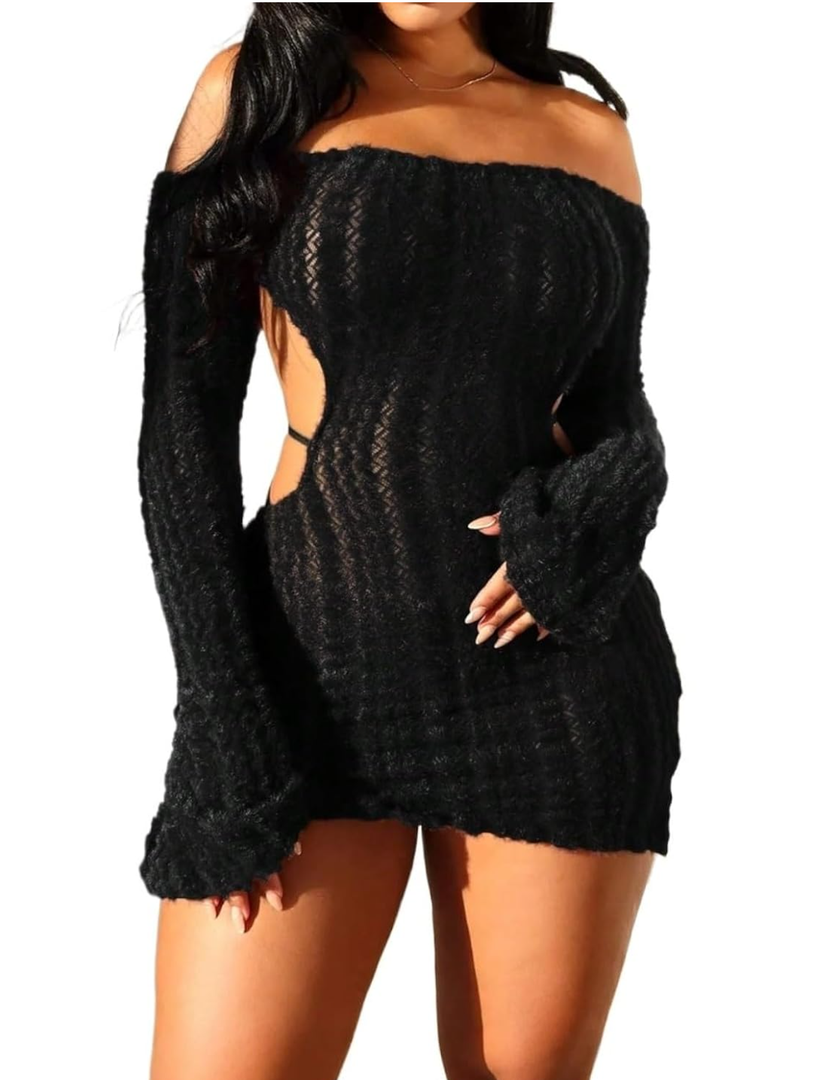Women's Dress Long Sleeve Hollow Out Dress in Unique Fabric Size M