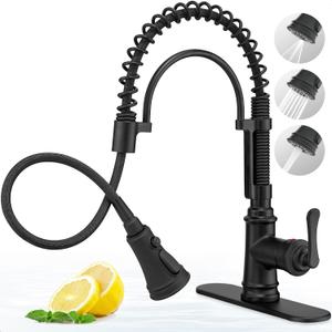 3-Function Kitchen Faucets with Pull Down Sprayer, 1 Hole or 3 Hole Kitchen Faucet Black, 1 Handle Kitchen Sink Faucets, 360 Degree Swivel Stainless Steel Faucet for Kitchen Sink with Deck Plate (Matte Black - Classic)