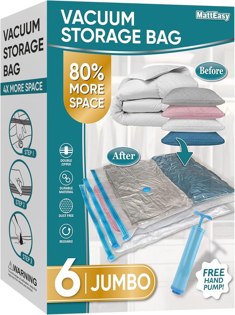 MattEasy Space Saver Vacuum Storage Bags, 6 Pack Jumbo Space Saver Bags with Pump, Storage Vacuum Sealed Bags for Clothes, Comforters, Blankets, Bedding (Jumbo)