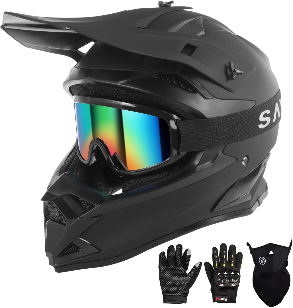 SPARK Adult Motocross Helmet Dirt Bike Helmets Full Face Motorcycle Off-Road Mountain E-Bike BMX MX ATV Helmet (with Gloves Goggles Mask) 4Pcs Set, DOT Certified
