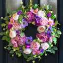 Spring Wreaths for Front Door Outside- 24 Inch Summer Wreath with Blush Pink Roses & Purple Blooms and Hydrangeas,Luxury Spring Door Wreath for Porch,Home,Wall,Window Decor(Indoor Outdoor Use)