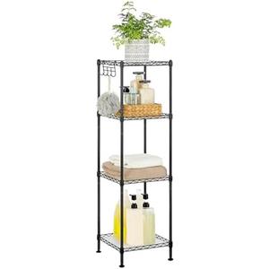 SONGMICS 4-Tier Bathroom Shelf, Storage Rack for Small Space, with 4 PP Shelf Liners, Removable Hook, Extendable Design, Ink Black and Translucent ULGR104B01
