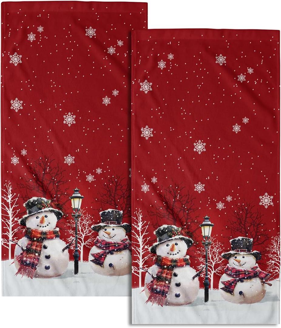 Christmas Snowman Red Dish Towels Winter Snow Bathroom Hand Towels 28.3x14 Inch Set of 2 Cute Snowman Snowflake Decorative Bath Towel for Kitchen Gym Spa Hotel (one size)