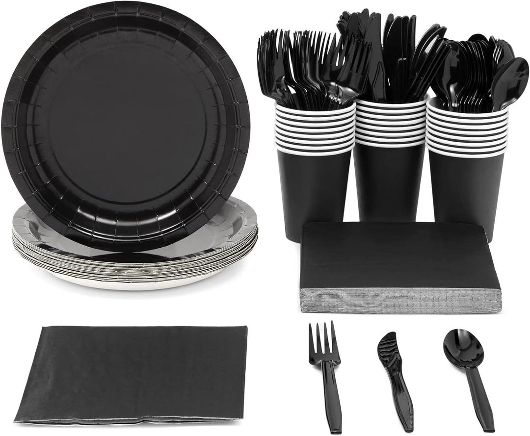 Juvale 144 Piece Black Party Supplies - Serves 24 Disposable Black Paper Plates, Napkins, Cups, and Cutlery, Ideal Party Table Decorations for Birthdays, Halloween Parties & Graduation