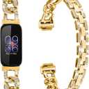 Metal Band Compatible with Fitbit Inspire 3 for Women Shiny Rhinestone Bracelet Strap Adjustable Replacement Watchband for Inspire 3 Fitness Tracker (Gold)