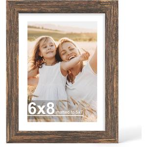 Hongkee 6x8 Picture Frame with Glass, Display Pictures 5x7 with Mat or 6 x 8 without Mat - Wall and Tabletop, 6 by 8 Photo Wooden Frames (Rustic Brown, 1 Pack)