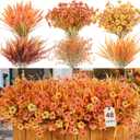 48 Bundles Artificial Fall Flowers for Outdoors Decoration, UV Resistant Silk Daisy with Eucalyptus and Realistic Fake Autumn Plants for Outside Indoor Yard Home Patio Decor, Fall Orange Red
